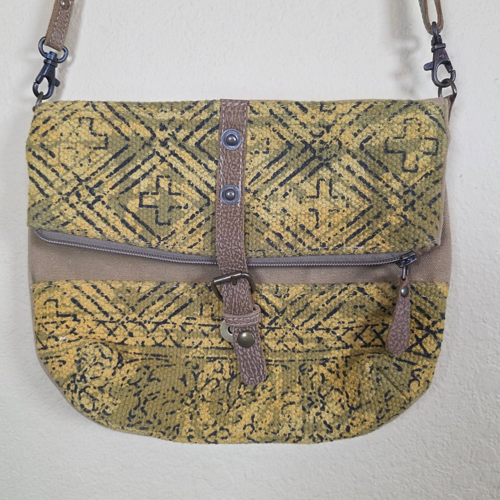 Myra Bag Messenger Crossbody Bag Rustic Southwestern Geometric‎ Leather Trim
